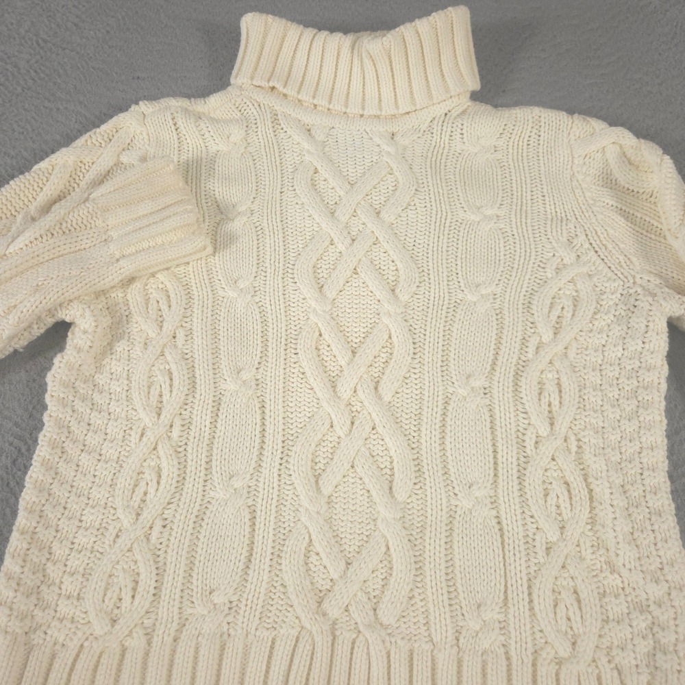 Lands' End Sweater Womens M Cream Drifter Cable Turtleneck 100% Cotton Knit Cozy